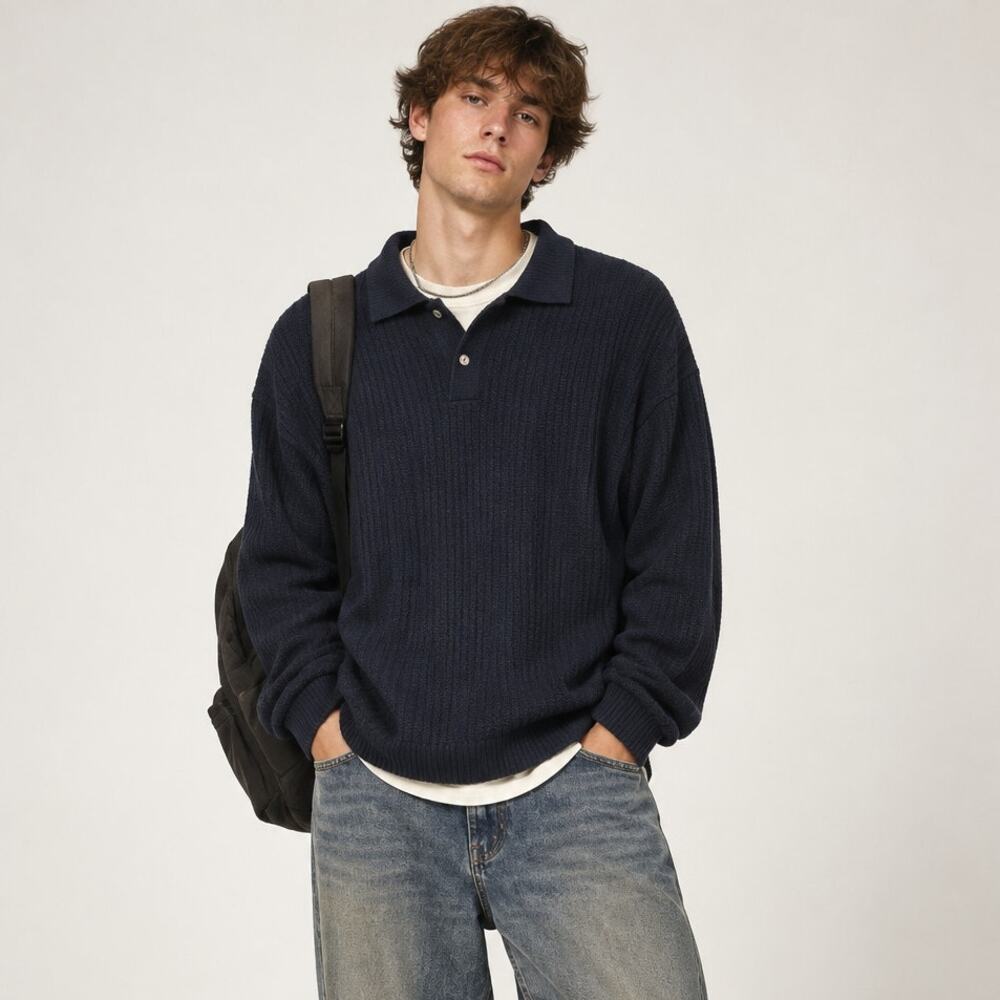 NWT Vintage 90s Deadstock Ribbed Knit Polo Sweater Top Navy Small Grunge Preppy